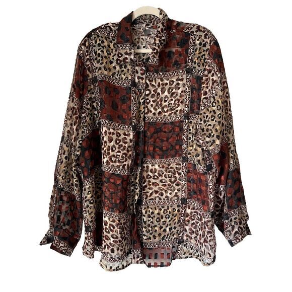 1685 90s Vintage Animal Print Sheer Chiffon Button Up Oversized Blouse - Picture 1 of 6